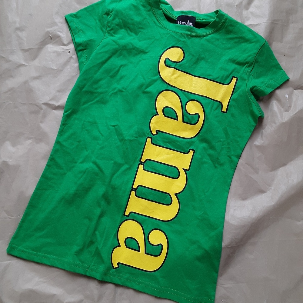 Girls t-shirt green w JAMAICA graphic in yellow